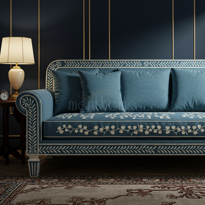 Luxury Blue Inlay Sofa with Floral Motif | Luxury Handmade Sofa