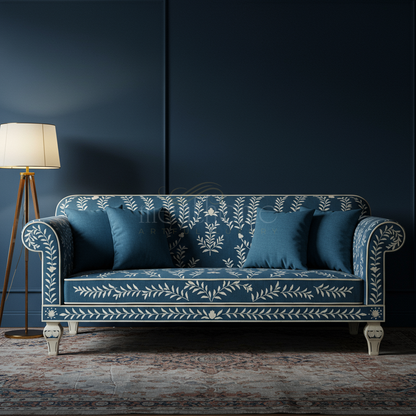 Luxury Blue Inlay Sofa with Floral Motif | Luxury Handmade Sofa