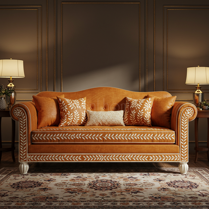 Elegant Inlay Carved Velvet Sofa | Luxury Handmade Sofa