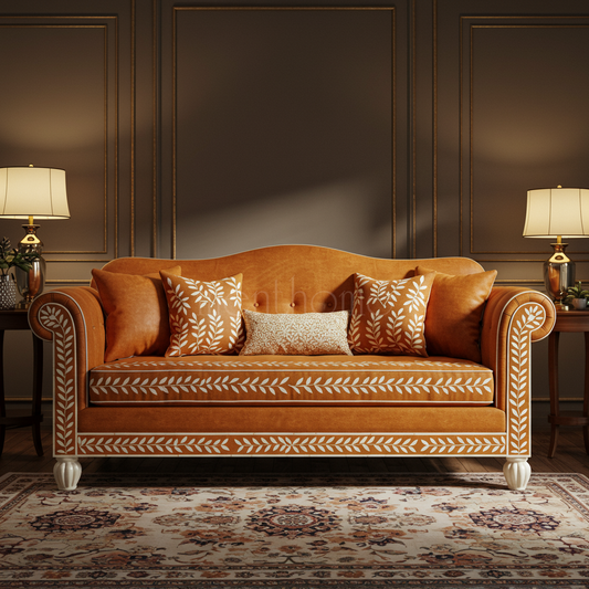 Elegant Inlay Carved Velvet Sofa | Luxury Handmade Sofa
