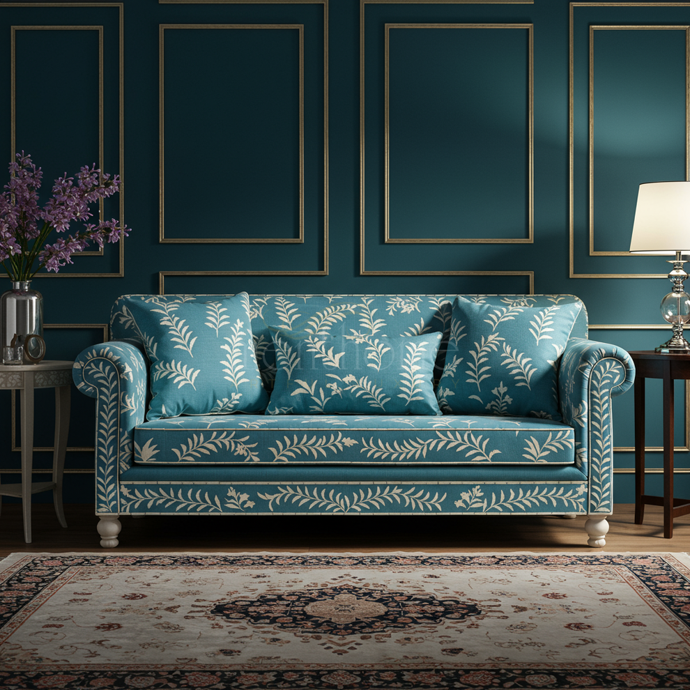 Elegant Blue Inlay Patterned Sofa