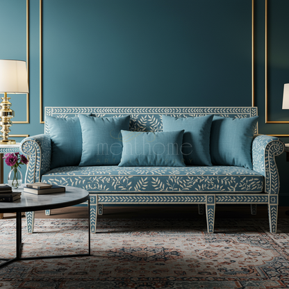 Elegant Blue Inlay Sofa with Leaf Motif | Luxury Handmade Sofa