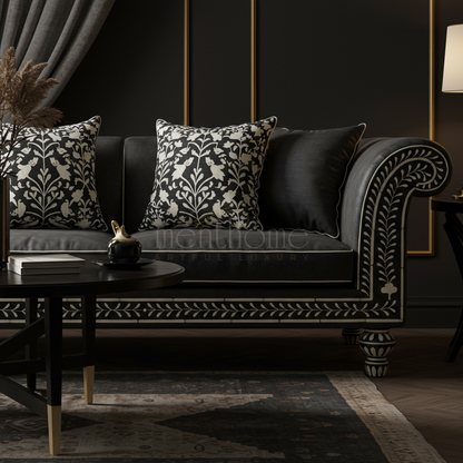 Luxurious Black Inlay Sofa with Floral Detailing | Luxury Handmade Sofa