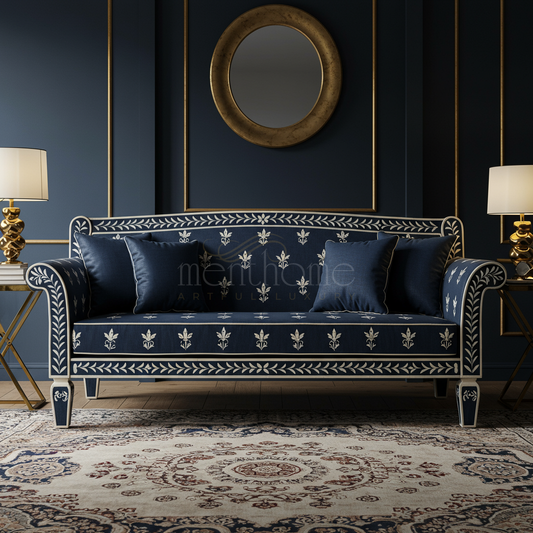 Luxury Inlay Indigo Blue Sofa with Handcrafted Floral Patterns | Luxury Handmade Sofa