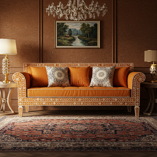 Luxury Handcrafted Inlay Wooden Sofa with Ornate Floral Detailing | Luxury Handmade Sofa