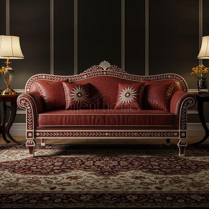 Luxury Red Leather Inlay Sofa with Intricate White Floral Detailing | Luxury Handmade Sofa