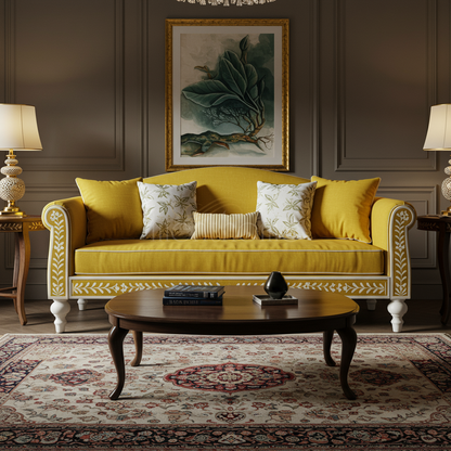 Elegant Yellow Inlay Sofa with Classic Detailing | Luxury Handmade Sofa