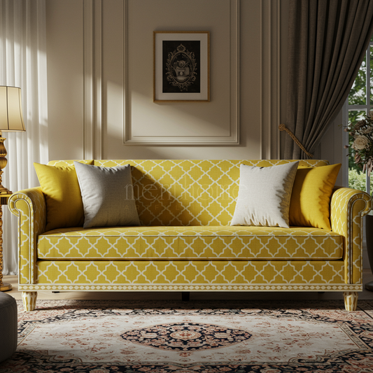 Elegant Yellow Inlay Sofa with Patterned Upholstery | Luxury Handmade Sofa