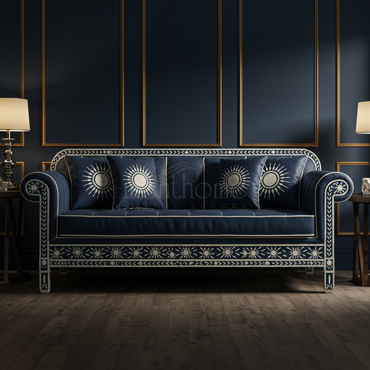 Luxury Blue Inlay Sofa with Sunburst Cushion Design | Luxury Handmade Sofa