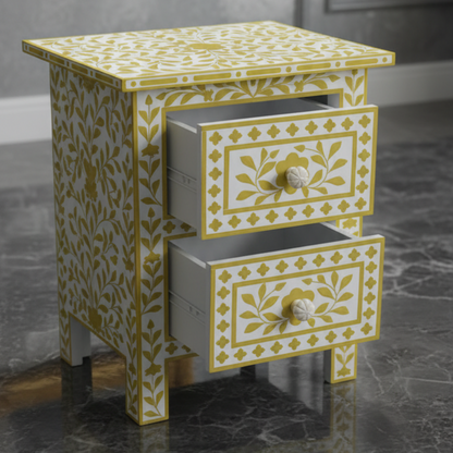 Luxury Handcrafted White & Mustard Floral Inlay Bedside Table – Elegant 2 Drawer Nightstand for Bedroom Decor