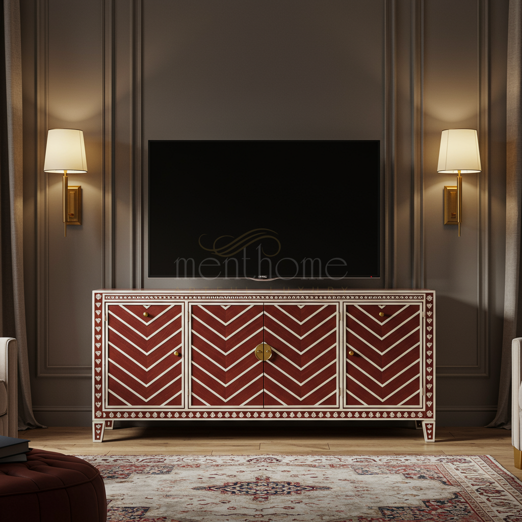 Premium Inlay TV Cabinet with Chevron Pattern | Luxury Handmade TV Cab ...
