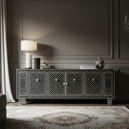 Luxury Inlay Black and White TV Cabinet | Luxury Handmade TV Cabinet