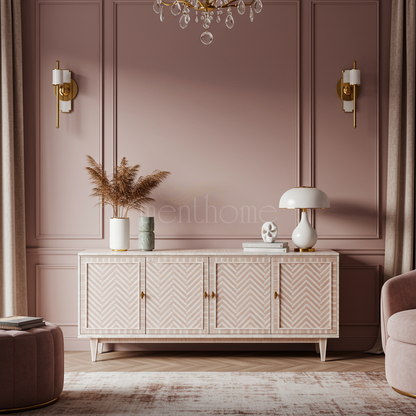 Luxurious Inlay TV Cabinet with Chevron Pattern | Luxury Handmade TV Cabinet