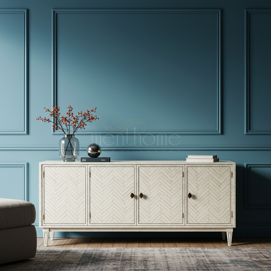 Elegant Inlay Pattern TV Cabinet in White Finish | Luxury Handmade TV Cabinet