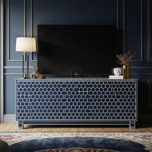 Luxury Navy Blue Inlay TV Cabinet with Hexagonal Pattern | Luxury Handmade TV Cabinet
