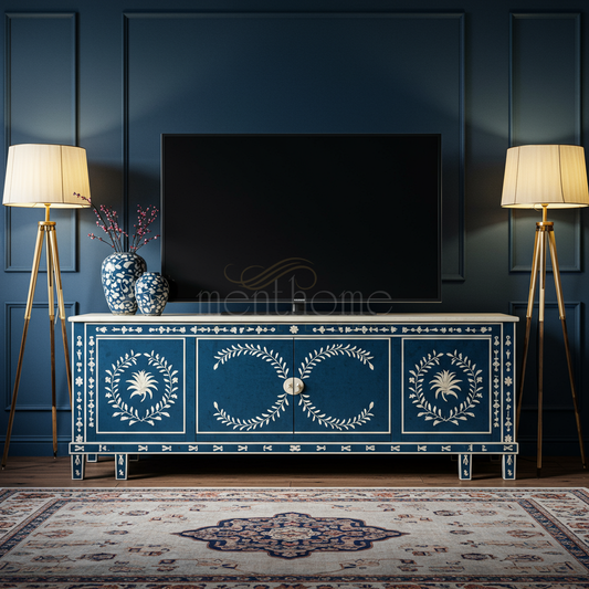 Elegant Blue Inlay TV Cabinet with Floral Motif | Luxury Handmade TV Cabinet