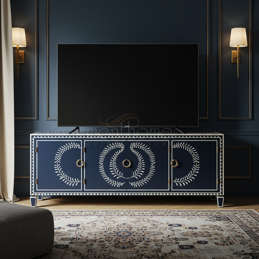 Inlay Hand-Painted Blue TV Cabinet with Decorative Leaf Motif | Luxury Handmade TV Cabinet
