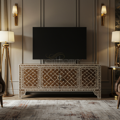 Elegant Inlay Wood TV Cabinet with Intricate White Pattern | Luxury Handmade TV Cabinet