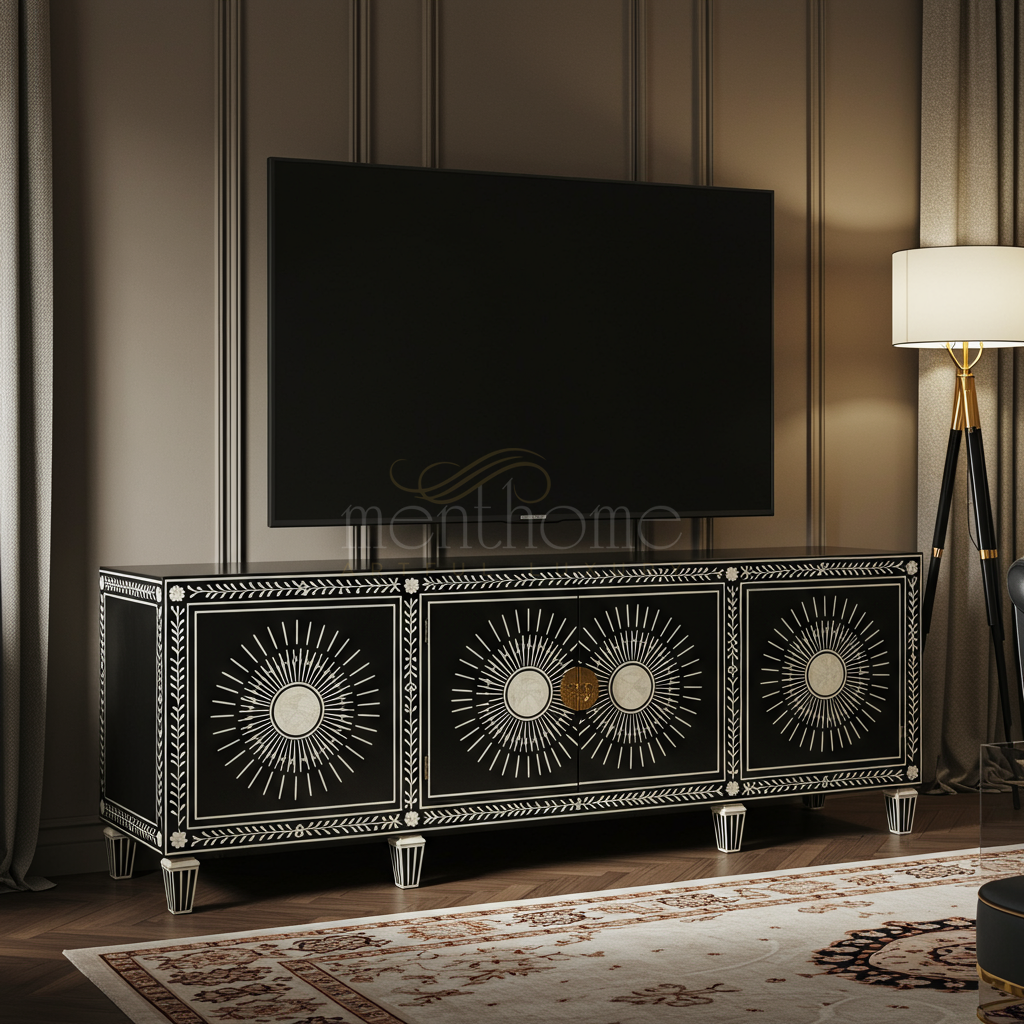 Luxury Black Inlay TV Cabinet with Sunburst Design | Luxury Handmade T ...
