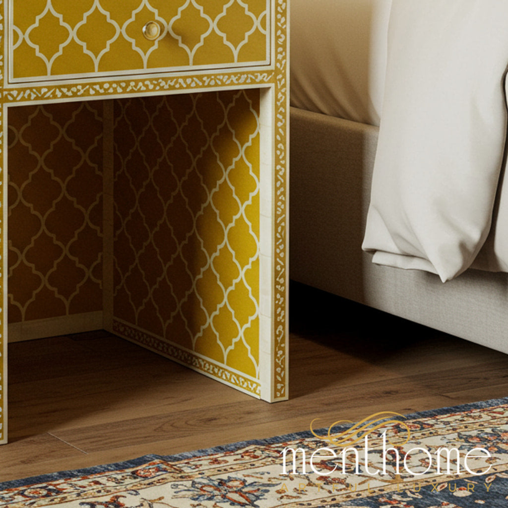 Bedside Table Patterned Yellow Patterned Bedside Table with Drawer | Luxury Handmade Bedside T ...